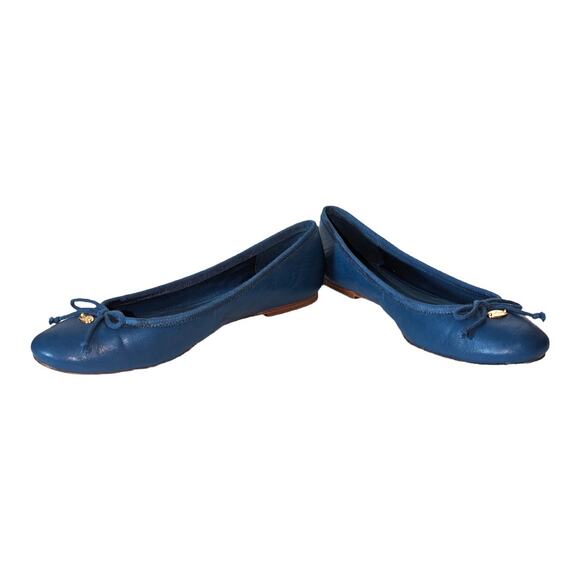 Coach Blue Leather Ballet Flat Leather Sole Wood Heel Bow Gold Tone Emblem 7 - Picture 6 of 10